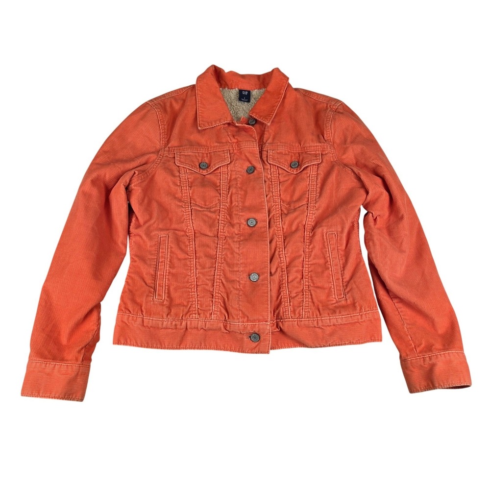 Gap Corduroy Sherpa Lined Trucker Jacket Women L Autumn Orange Rustic Retro 70s